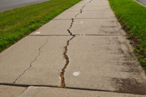 Cracked concrete on a sidewalk that needs repair