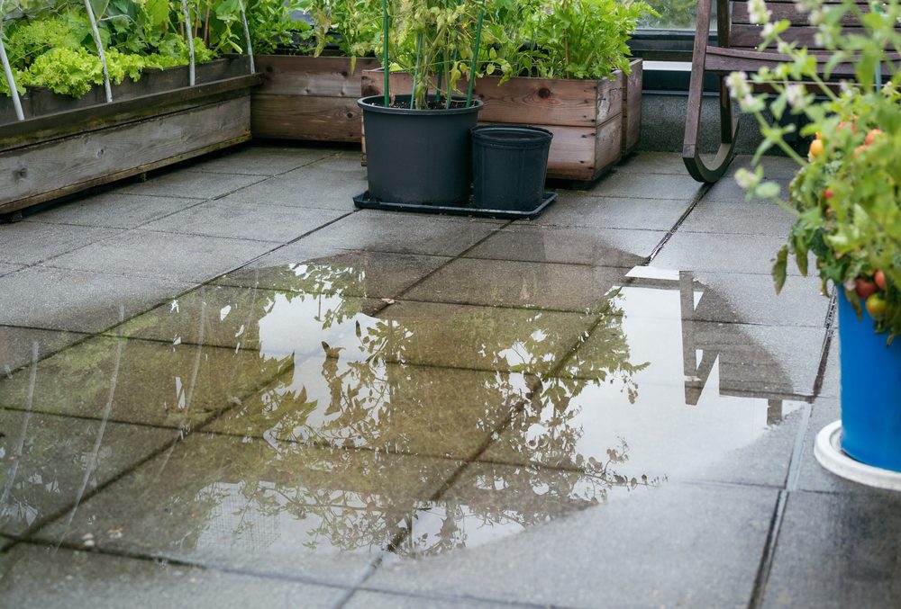 image of a clogged patio that needs polyjacking for drainage improvement