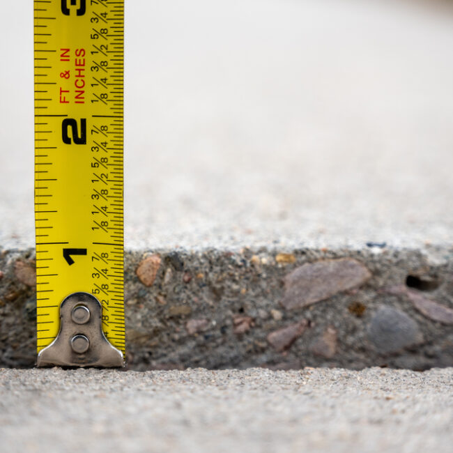 Concrete Damage - image of tape measure measuring the sunken level of concrete.